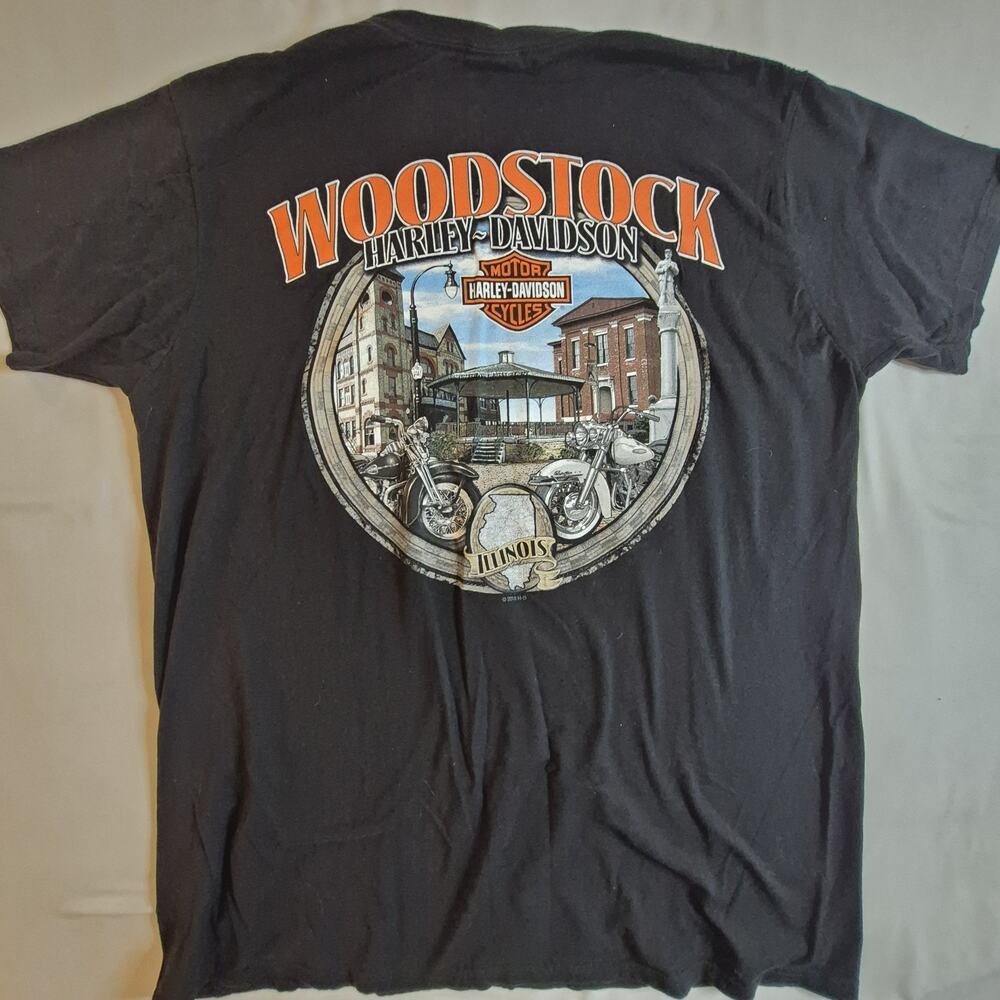 Harley Davidson Woodstock Illinois Tee R.K. Stratman XL Black Bar & Shield